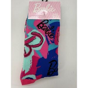 Barbie Mattel Hot Pink Blue Teal Graffiti Logo Print Crew Socks Size 9-13 New